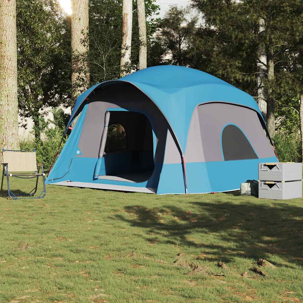 Blauwe vidaXL 6-persoons tent met waterdicht ontwerp in een groene omgeving.
