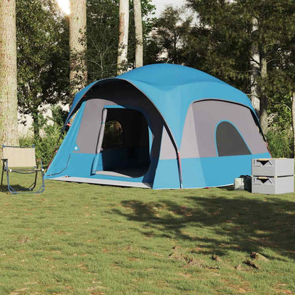 Blauwe vidaXL 6-persoons tent met waterdicht ontwerp in een groene omgeving.