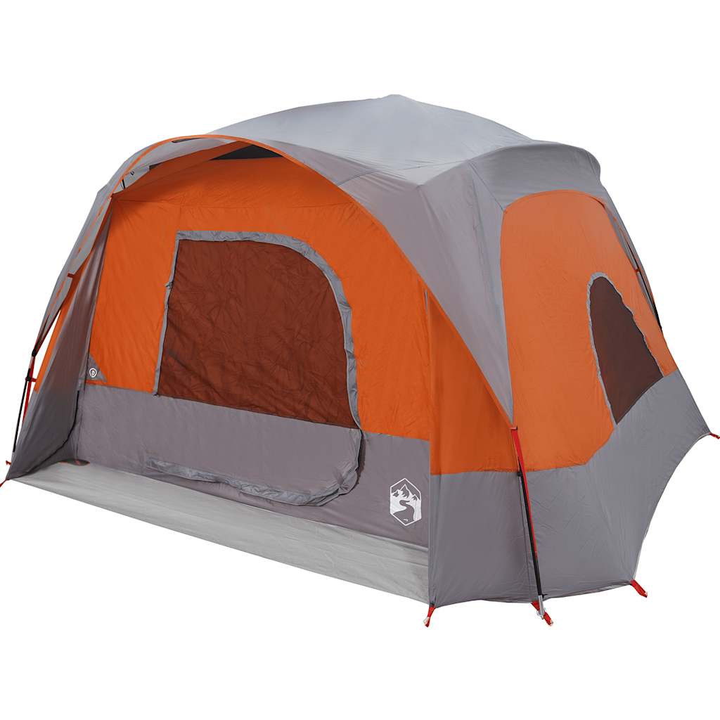Detail van de vidaXL 6-persoons tent met grijze en oranje kleuren, zijaanzicht.