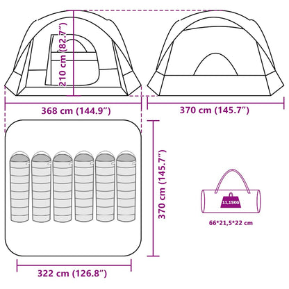 Detailweergave van de afmetingen en opbergtas van de vidaXL 6-persoons tent.