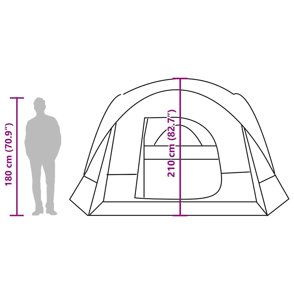 Zijaanzicht van de vidaXL 6-persoons tent met afmetingen en ingang.