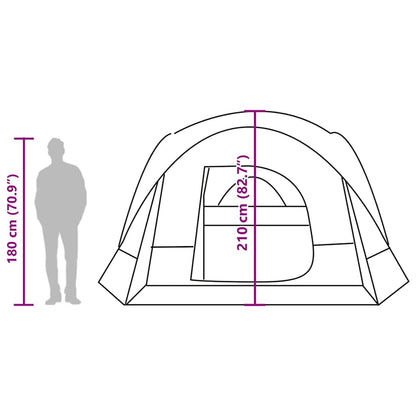 Zijaanzicht van de vidaXL 6-persoons tent met afmetingen en ingang.