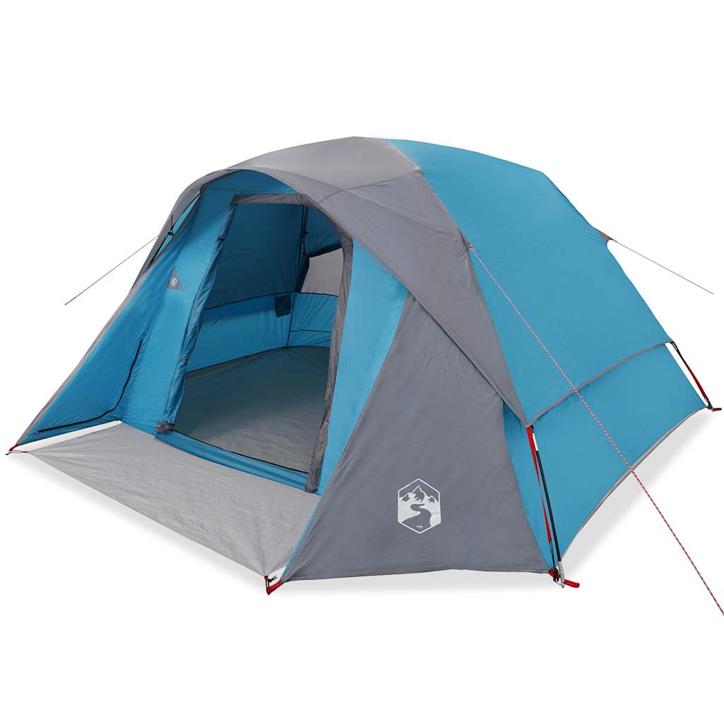Zijaanzicht van de vidaXL 4-persoons tent in blauw met grijze accenten.