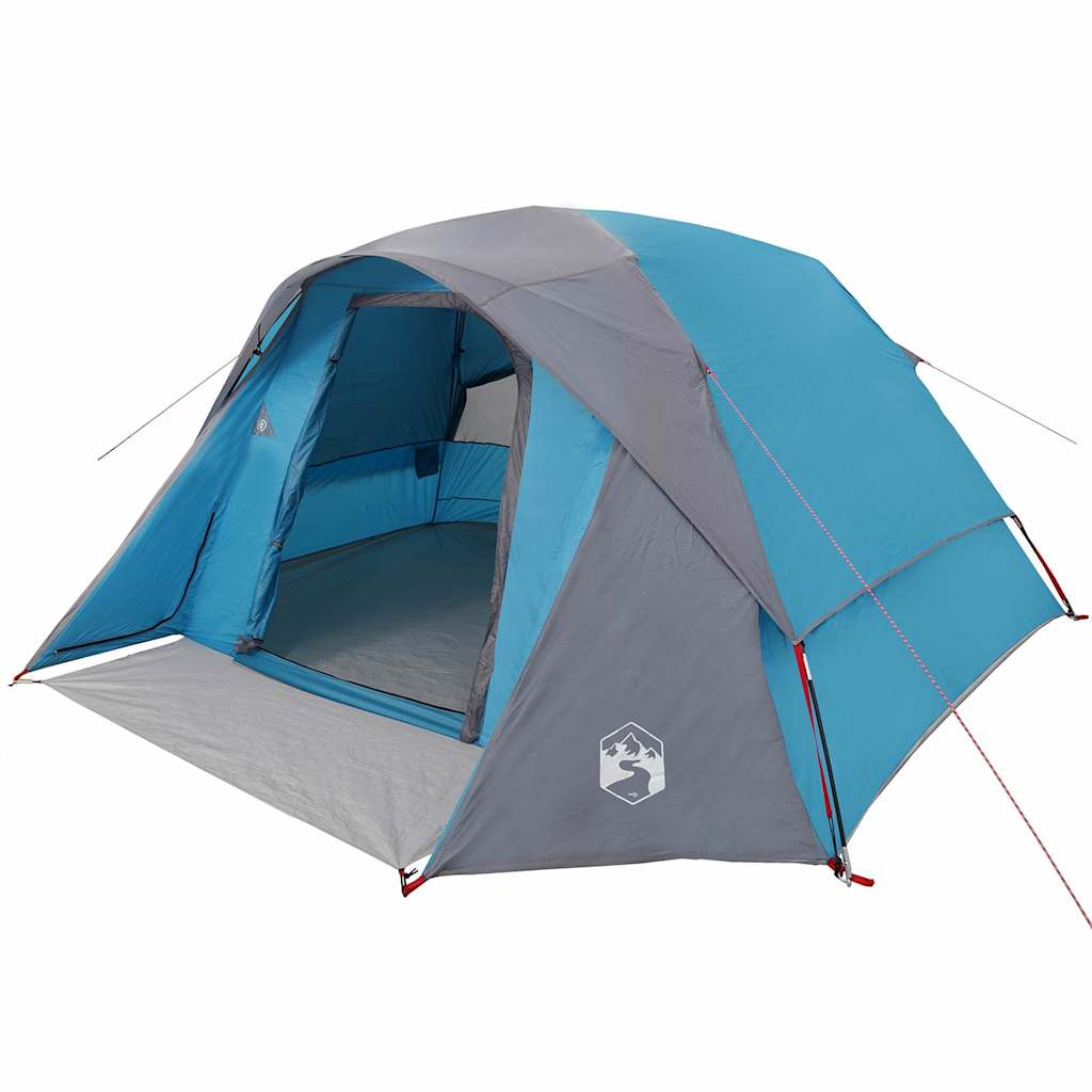 Zijaanzicht van de vidaXL 4-persoons tent in blauw met grijze accenten.