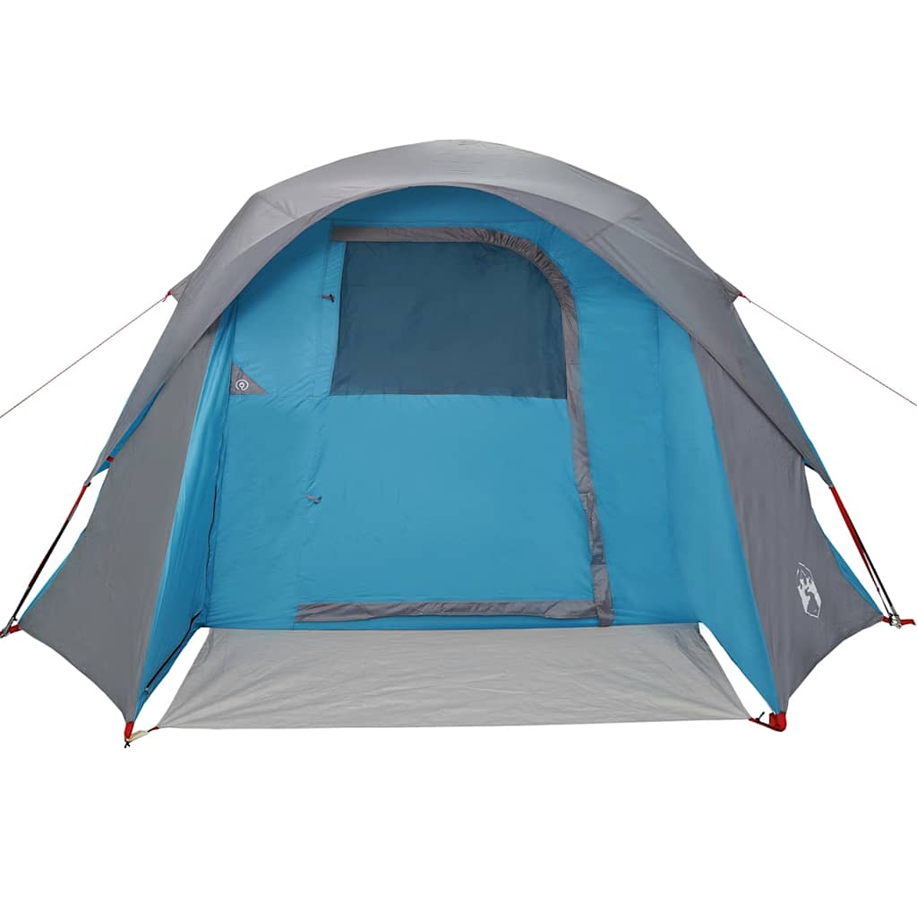 Zijaanzicht van de vidaXL 4-persoons tent met waterdichte blauwe en grijze details.