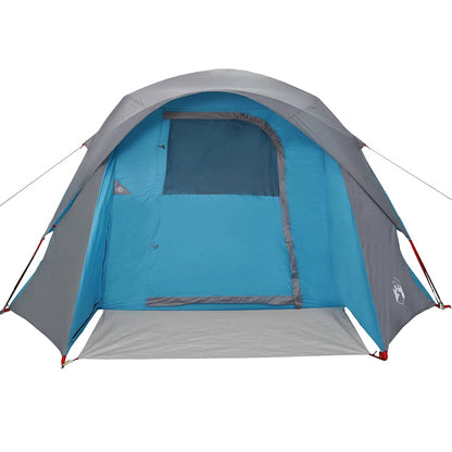 Zijaanzicht van de vidaXL 4-persoons tent met waterdichte blauwe en grijze details.