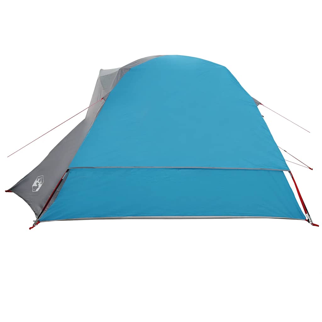 Zijaanzicht van de vidaXL 4-persoons tent in blauw met grijze accenten.