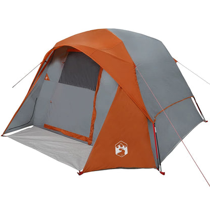 Detail van de grijs-oranje vidaXL tent met open ingang en ventilatierooster.