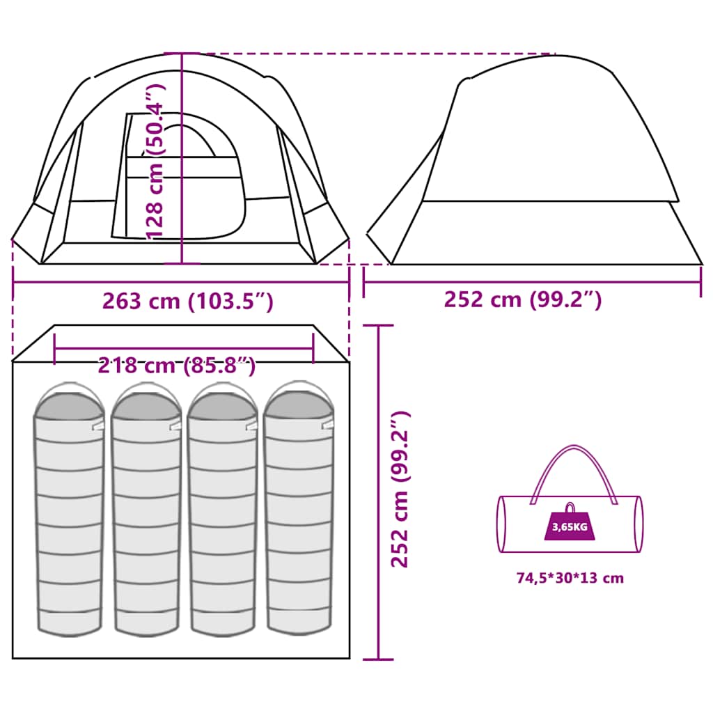 Technische tekening van de vidaXL 4-persoons tent met afmetingen en detailweergave.