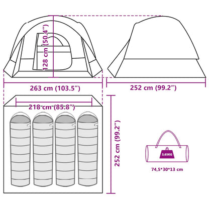 Technische tekening van de vidaXL 4-persoons tent met afmetingen en detailweergave.