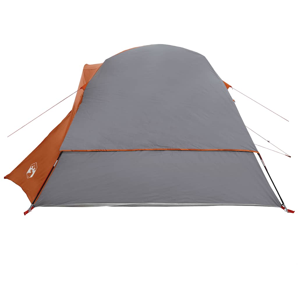 Zijaanzicht van de vidaXL 4-persoons tent in grijs en oranje, met waterdichte bovenkant.