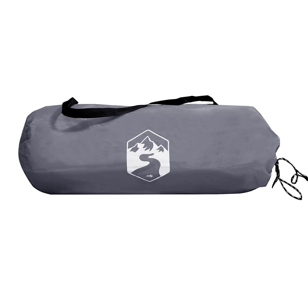 Grijze tent van vidaXL, opgerold met logo, ideaal voor kampeertochten.