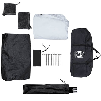 Detail van de accessoires voor de vidaXL 4-persoons kampeertentcabine, inclusief haringen en opbergtas.