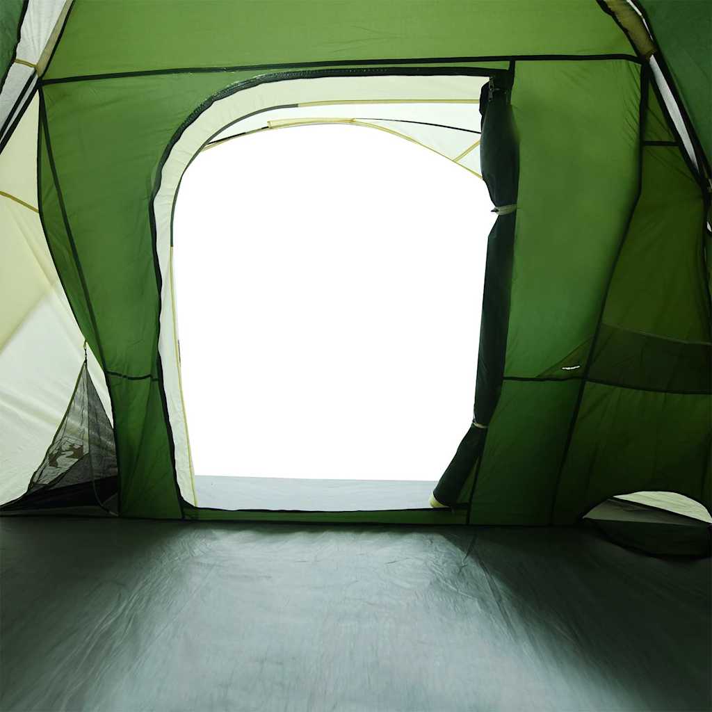 Zijaanzicht van de vidaXL gezinstent met open deur in groene kleur.
