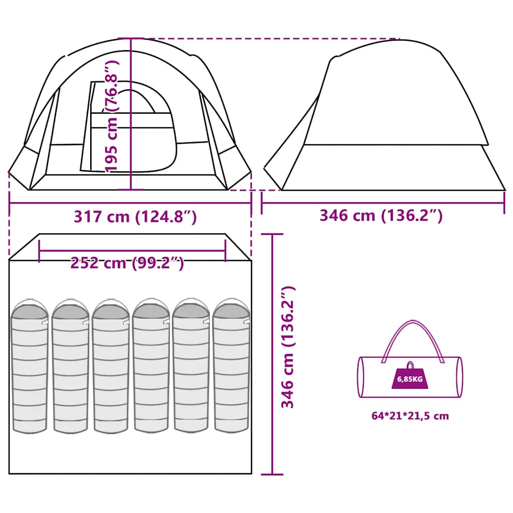 Detail van de vidaXL 6-persoons tent met afmetingen en opbergtas.