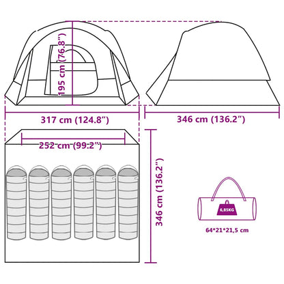 Detail van de vidaXL 6-persoons tent met afmetingen en opbergtas.