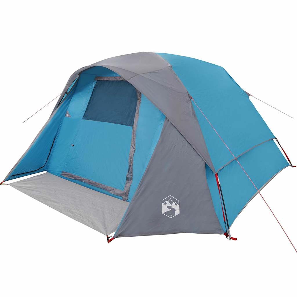 Detail van de vidaXL 6-persoons tent met waterdichte blauwe en grijze stoffen.