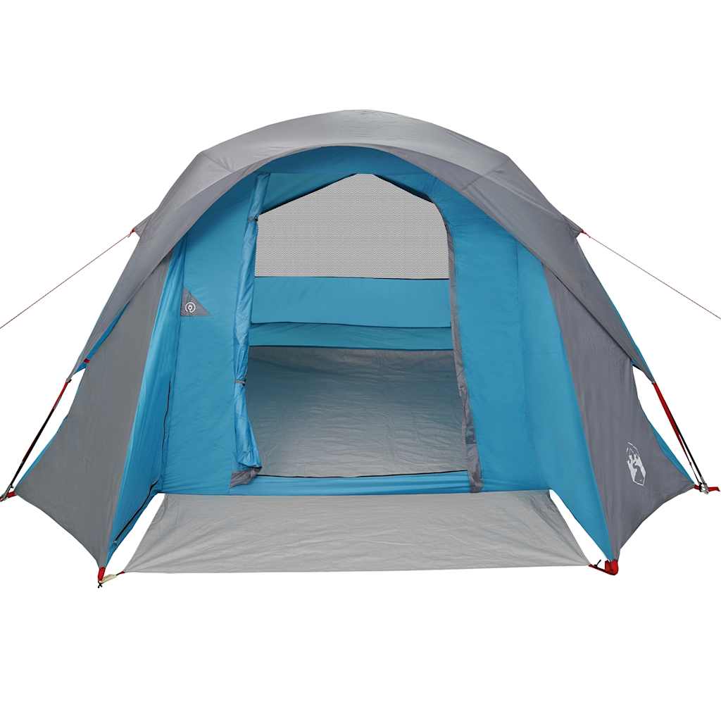 Zijaanzicht van de vidaXL 6-persoons tent in blauw, met open ingang en ademend gaas.