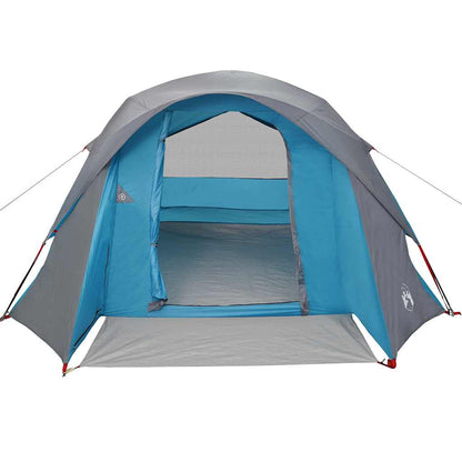 Zijaanzicht van de vidaXL 6-persoons tent in blauw, met open ingang en ademend gaas.