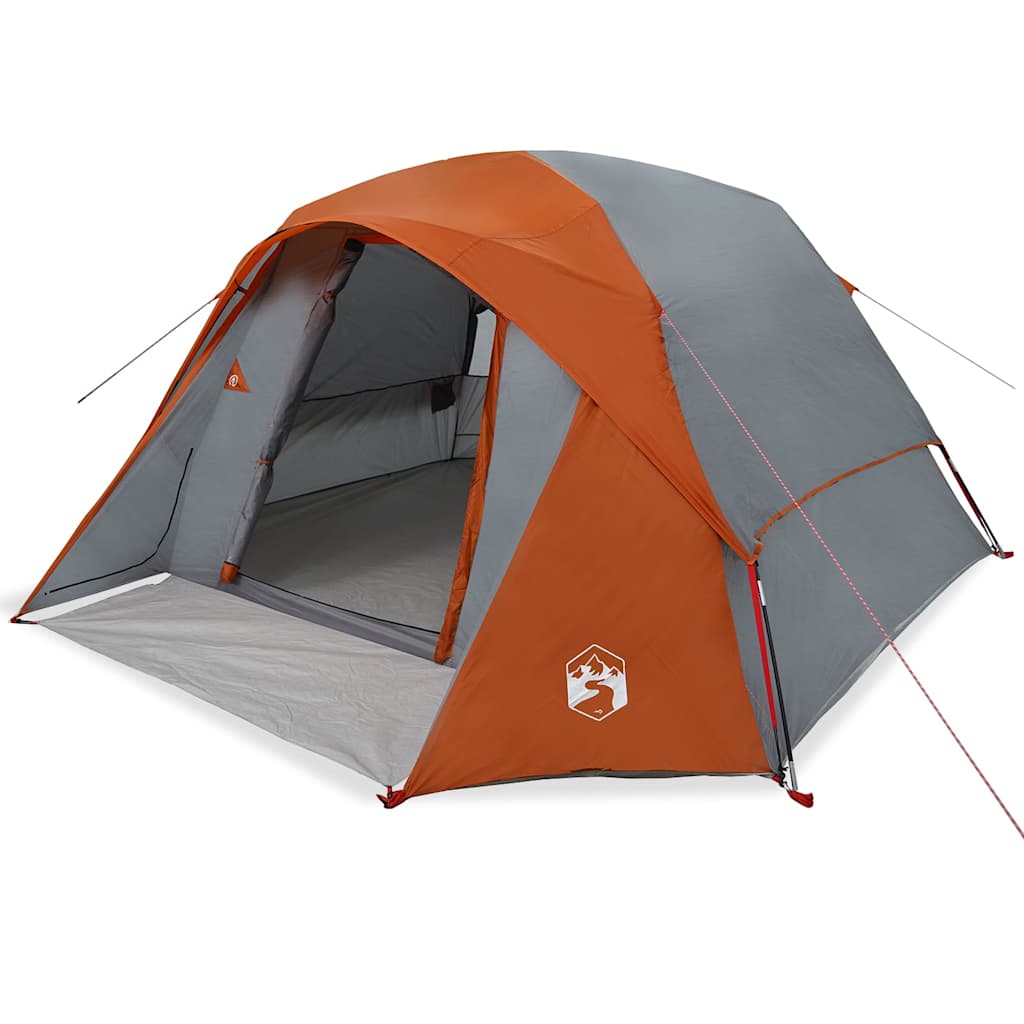 Zijaanzicht van de vidaXL 6-persoons tent in grijs en oranje, met open ingang.