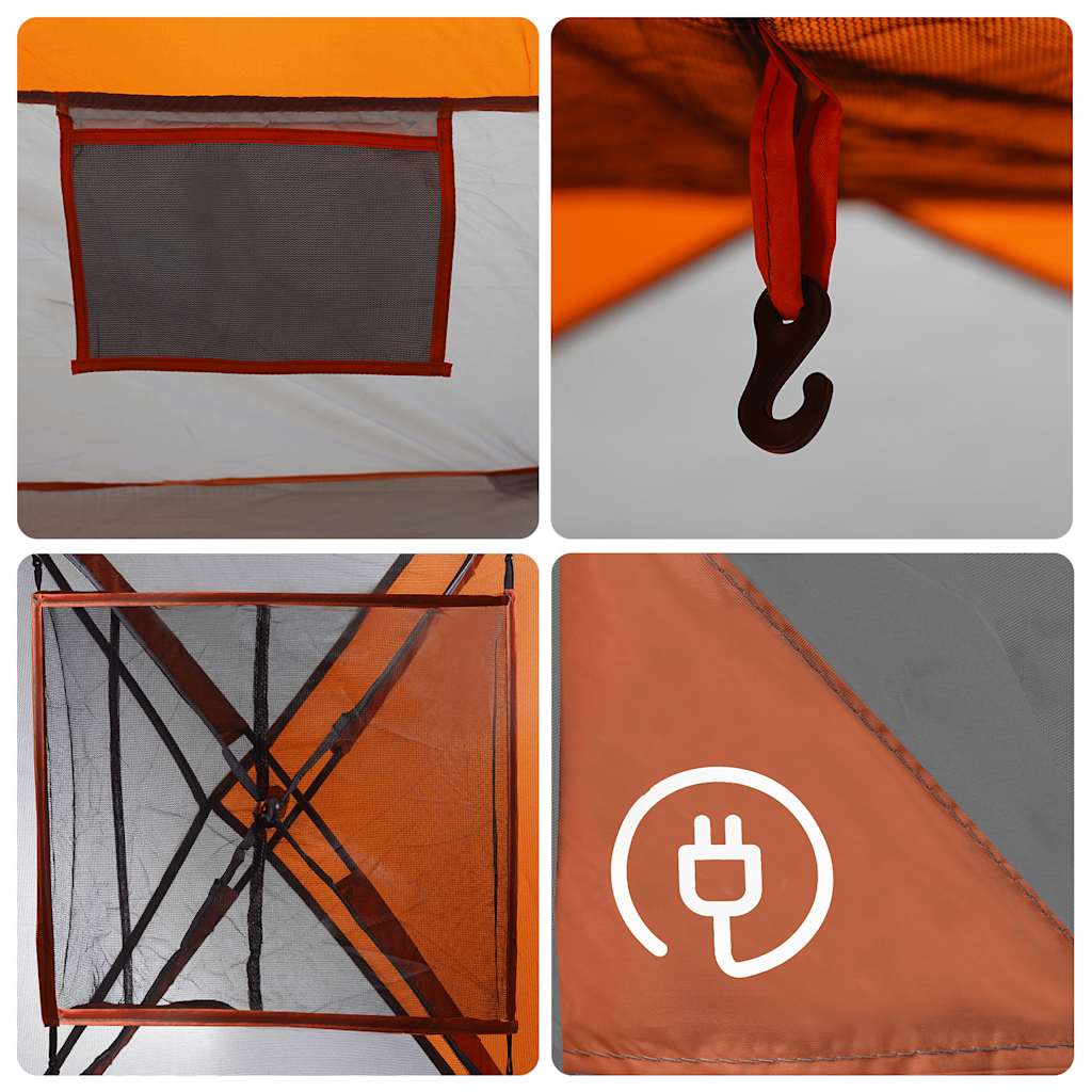 Detail van de grijze en oranje vidaXL tent met ventilatierooster en haak voor verlichting.
