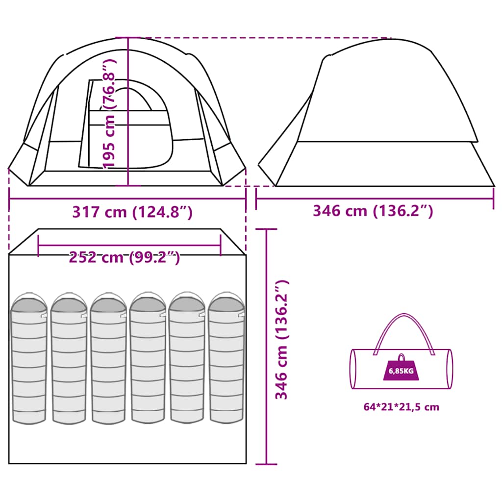 Detail van de afmetingen en indeling van de vidaXL 6-persoons tent in grijs en oranje.