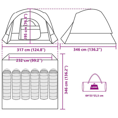 Detail van de afmetingen en indeling van de vidaXL 6-persoons tent in grijs en oranje.