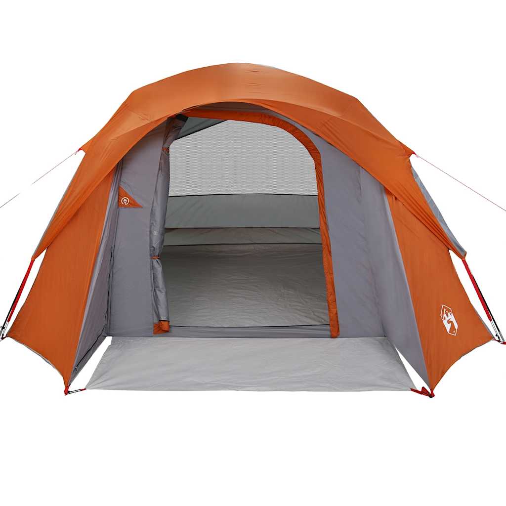 Detail van de vidaXL 6-persoons tent met grijze en oranje kleuren, zijaanzicht van de ingang.