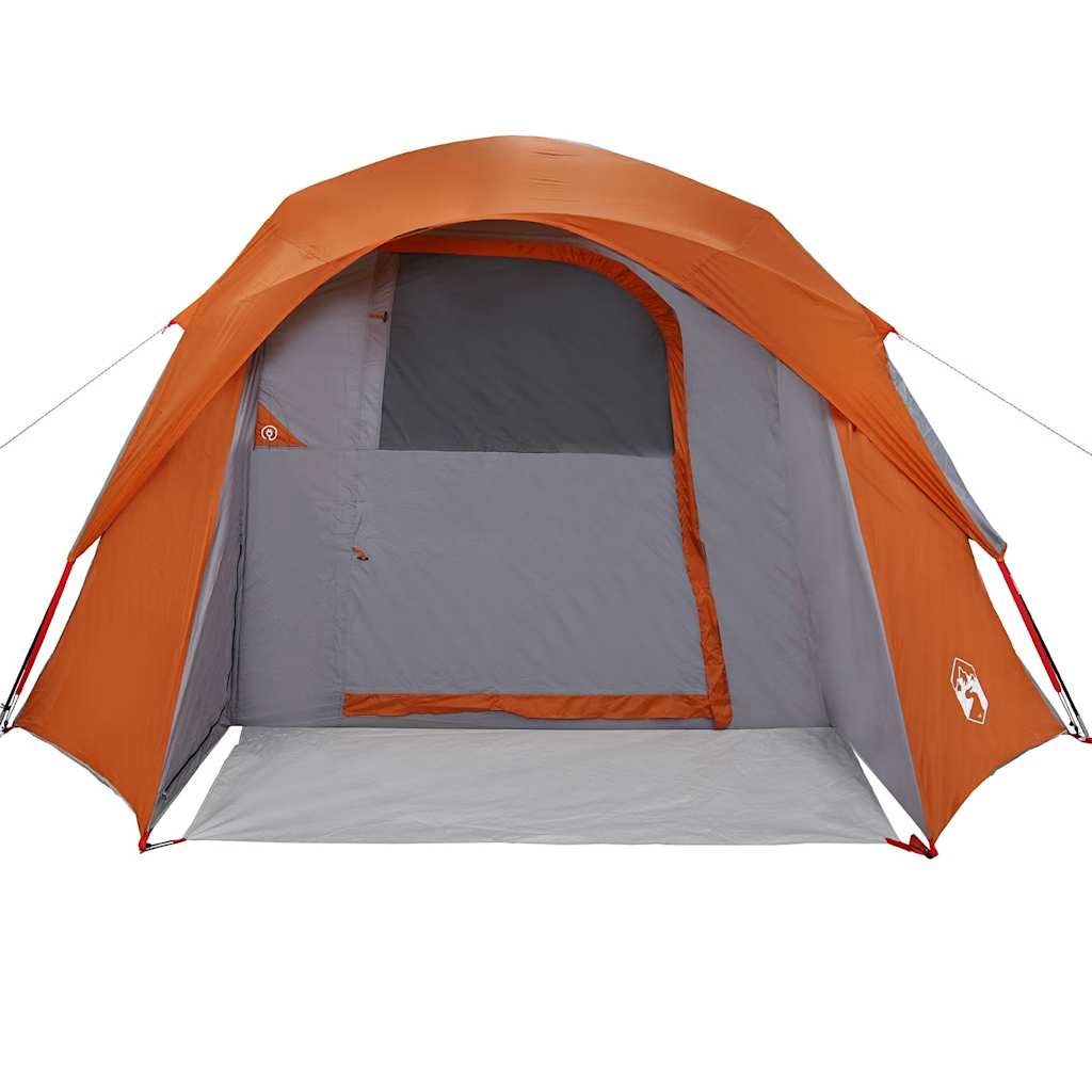 Detail van de grijze en oranje vidaXL gezinstent met open ingang en ventilatieraam.