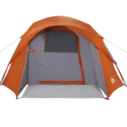 Detail van de grijze en oranje vidaXL gezinstent met open ingang en ventilatieraam.