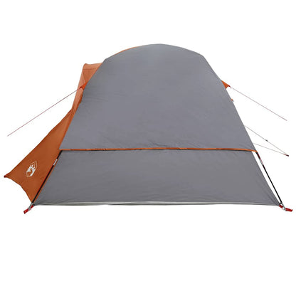 Zijaanzicht van de vidaXL 6-persoons tent in grijs en oranje, met waterdichte buitenkant.