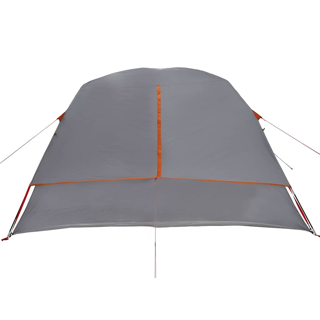 Zijaanzicht van de vidaXL 6-persoons tent in grijs met oranje details.