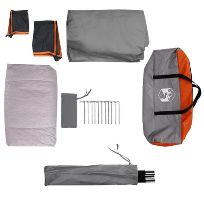Detail van de grijs-oranje vidaXL gezinstent met accessoires en haringen.