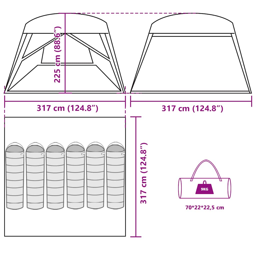 Detailtekening van de vidaXL 6-persoons tent met afmetingen en opbergmogelijkheden.
