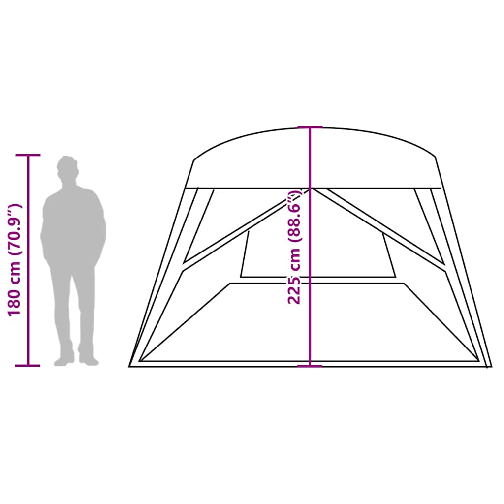 Detail van de vidaXL gezinstent met afmetingen en zijaanzicht van de tent.
