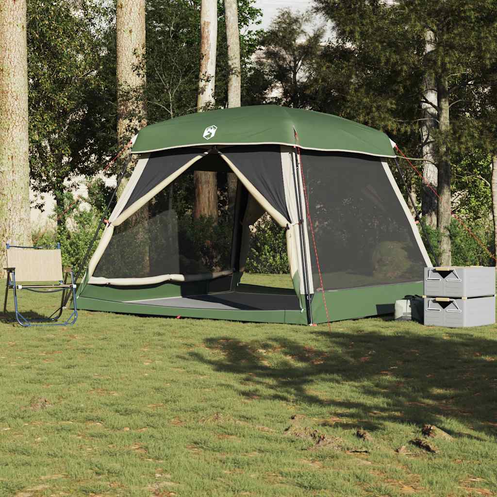 VidaXL 6-persoons waterdichte tent in groen, opgesteld in een bosrijke omgeving.