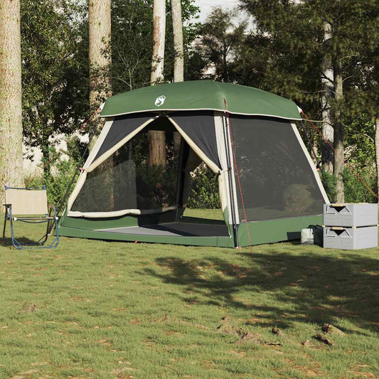 VidaXL 6-persoons waterdichte tent in groen, opgesteld in een bosrijke omgeving.