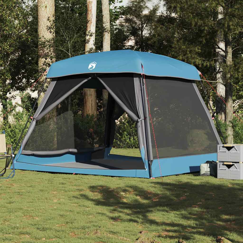 Zijaanzicht van de vidaXL 6-persoons tent in blauw met gaasramen.