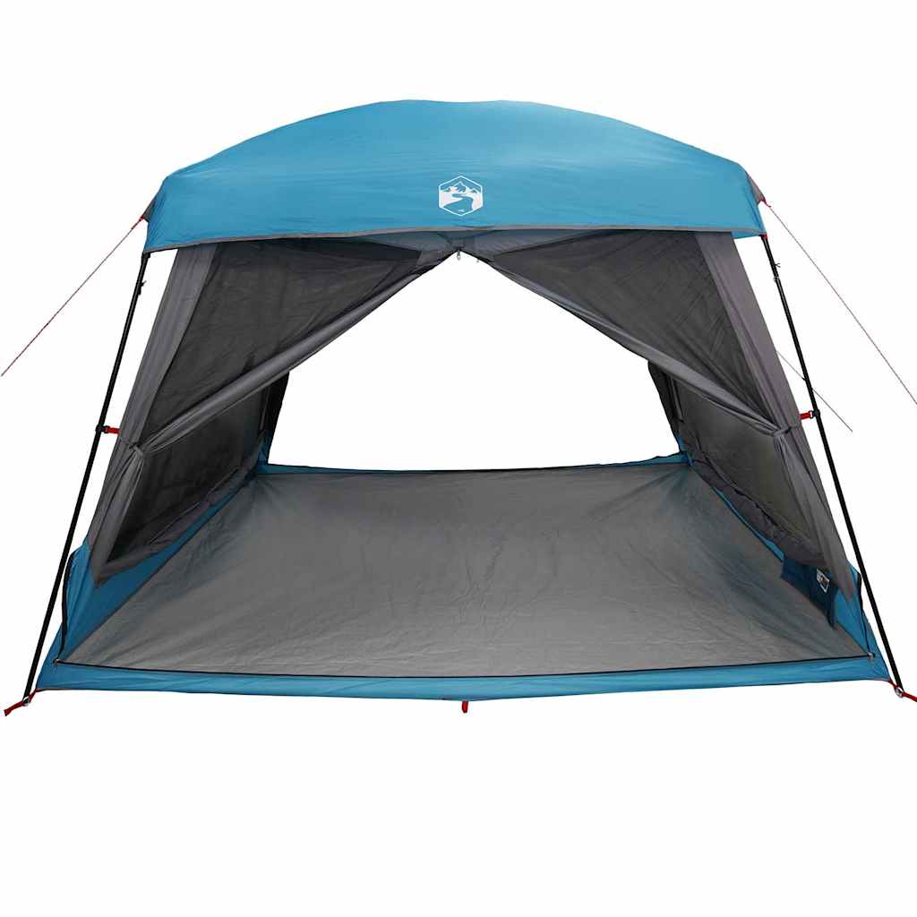 Zijaanzicht van de vidaXL 6-persoons tent, met open ingangen en waterdichte blauwe buitentent.