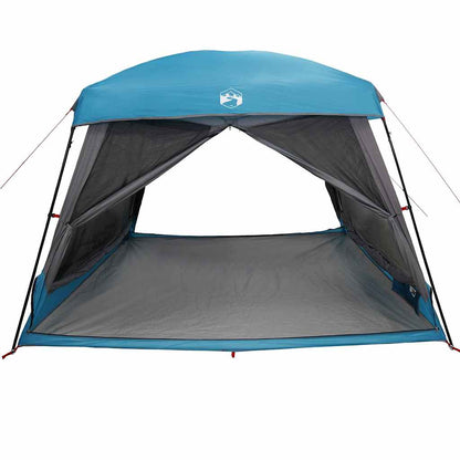 Zijaanzicht van de vidaXL 6-persoons tent, met open ingangen en waterdichte blauwe buitentent.