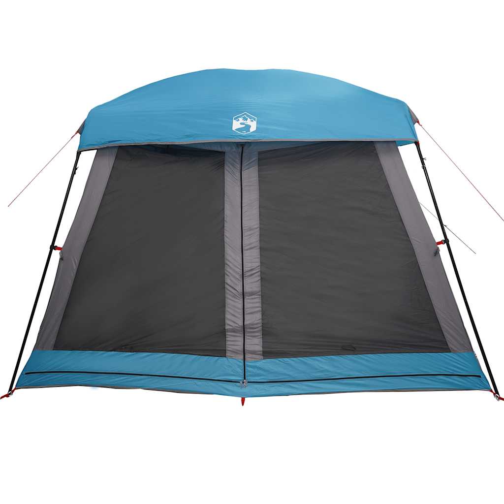 Detail van de blauwe vidaXL 6-persoons tent met waterdichte bovenkant en grote gaasramen.