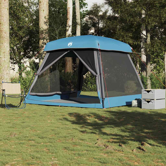 Blauwe vidaXL 6-persoons tent met gaasramen, opgesteld in een groene omgeving.
