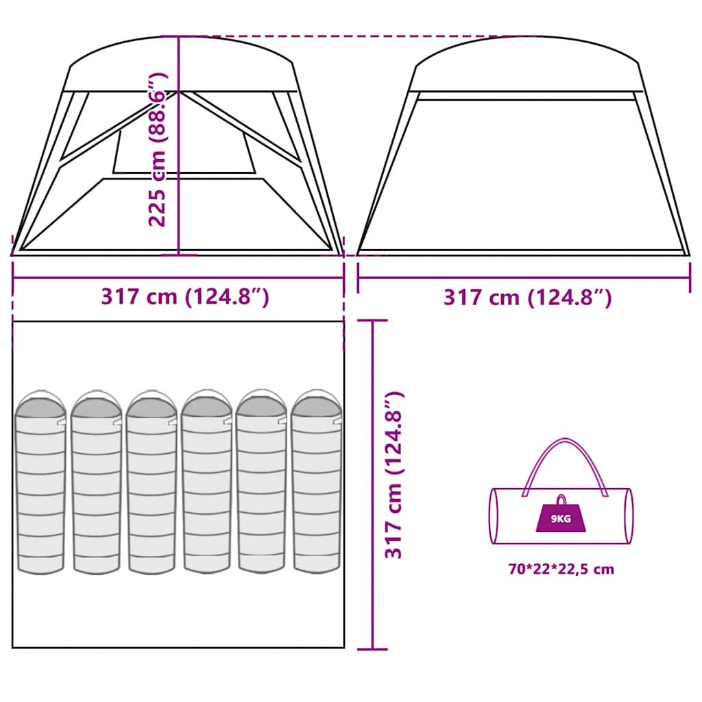 Technische tekening van de vidaXL 6-persoons tent met afmetingen en opbergdetails.