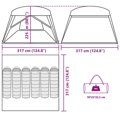 Technische tekening van de vidaXL 6-persoons tent met afmetingen en opbergdetails.