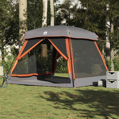 Zijaanzicht van de vidaXL 6-persoons tent met grijze en oranje details in de natuur.