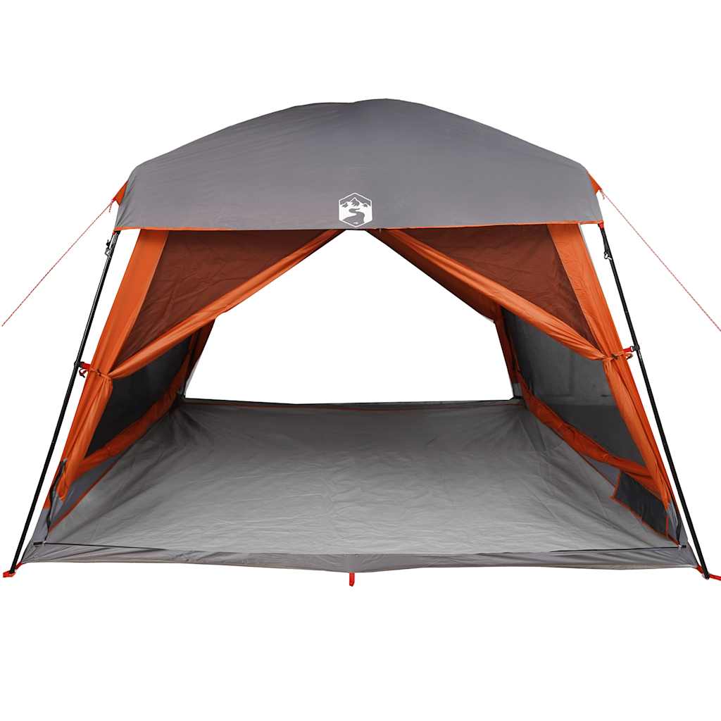 Detail van de vidaXL 6-persoons tent met grijs en oranje kleur, open ingang.