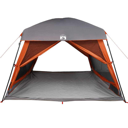 Detail van de vidaXL 6-persoons tent met grijs en oranje kleur, open ingang.