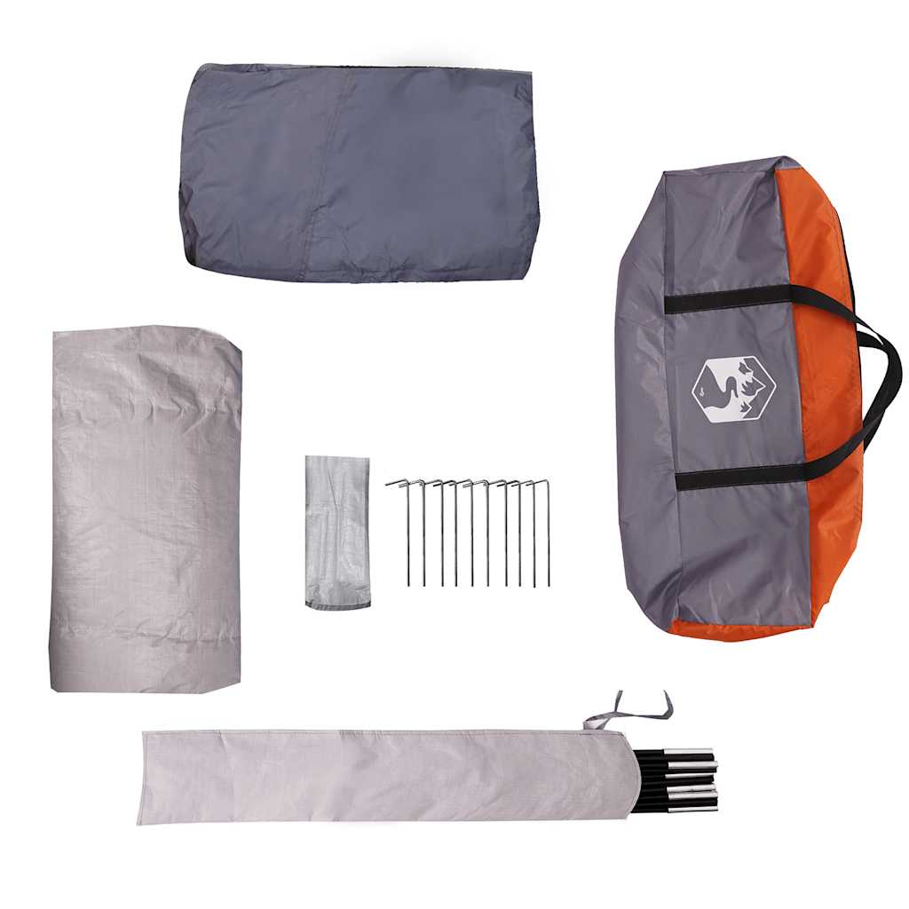 Detail van de grijze en oranje tentaccessoires, inclusief stokken en haringen van vidaXL.
