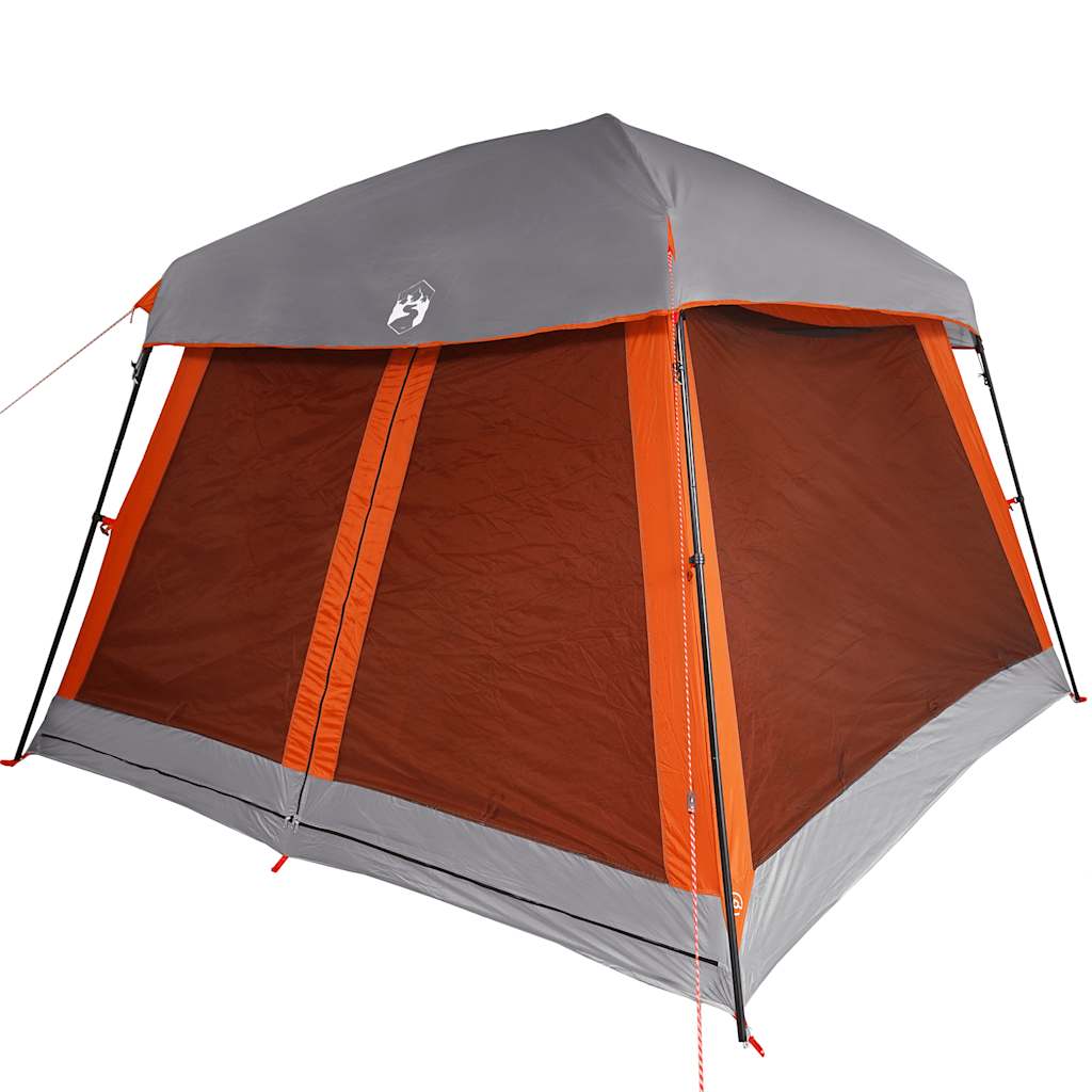 Detail van de vidaXL 6-persoons tent met grijze en oranje zijwanden en waterdichte afwerking.
