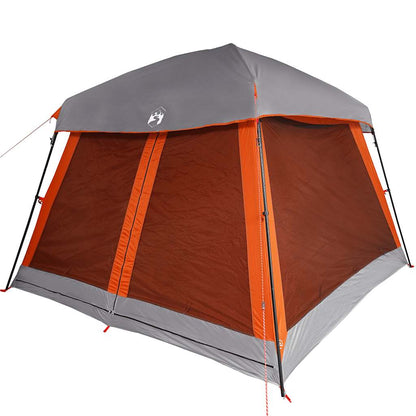 Detail van de vidaXL 6-persoons tent met grijze en oranje zijwanden en waterdichte afwerking.